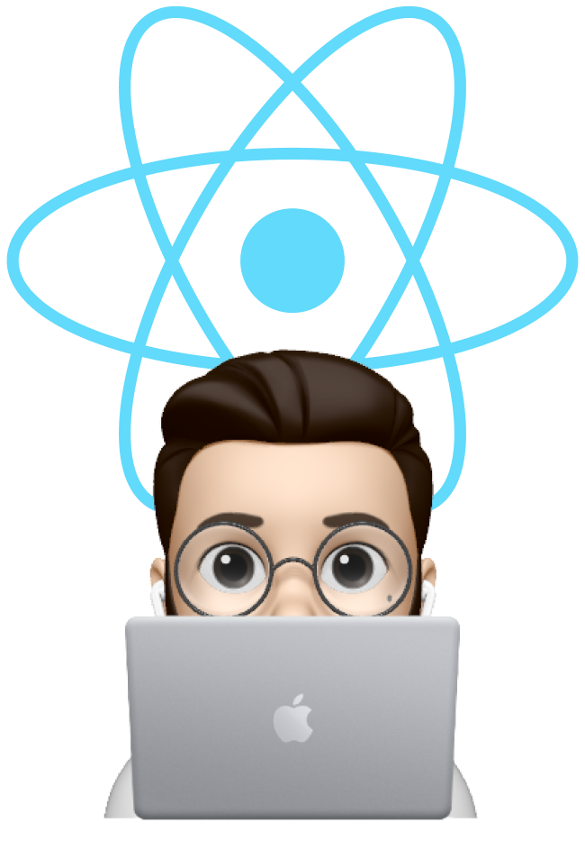 Apple memoji of man sitting on a mac with the React logo behind him