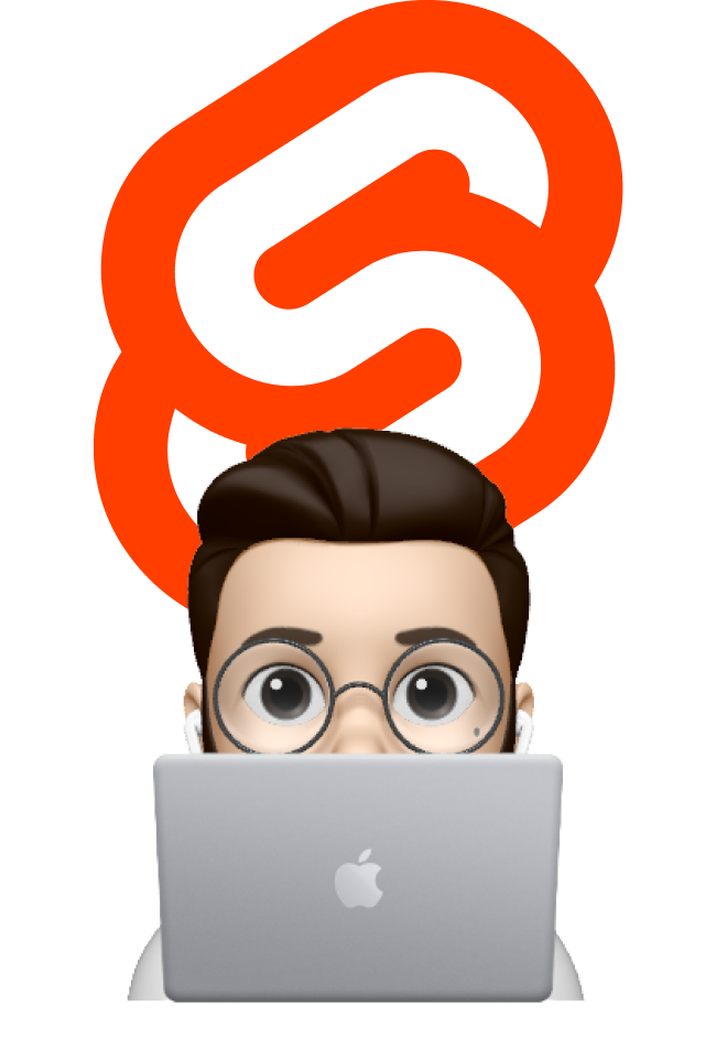Apple memoji of man sitting on a mac with the Svelte logo behind him